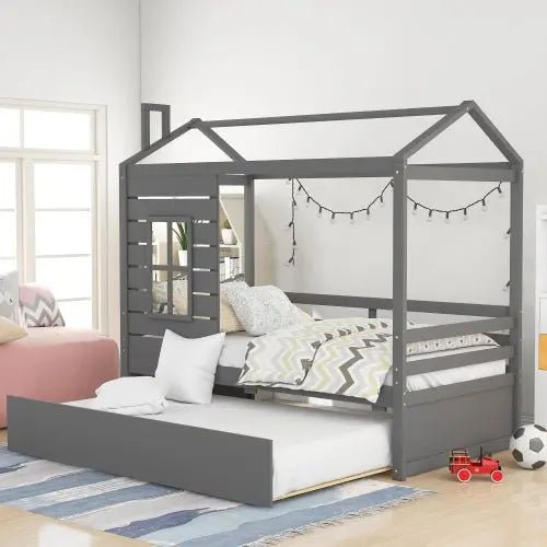 Bellemave® Twin Size Wood House Bed with Trundle Bed - Bellemave