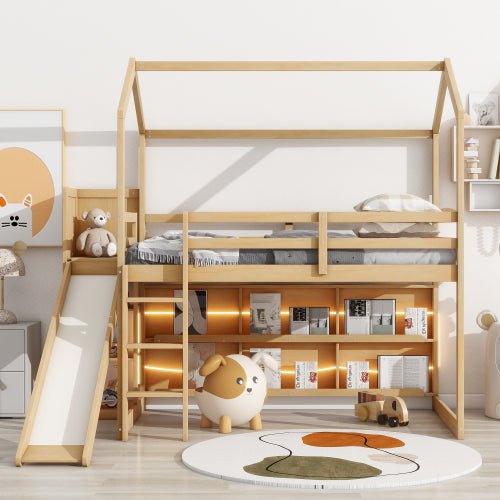 Bellemave Twin Size Wood House Loft bed with Slide, Storage shelves and Light - Bellemave