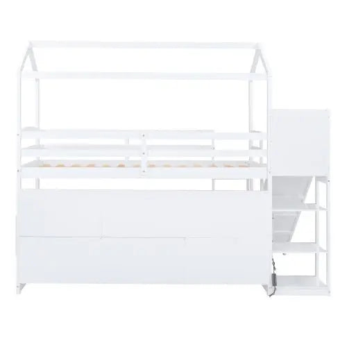 Bellemave Twin Size Wood House Loft bed with Slide, Storage shelves and Light - Bellemave