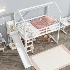 Bellemave Twin Size Wood House Loft bed with Slide, Storage shelves and Light - Bellemave