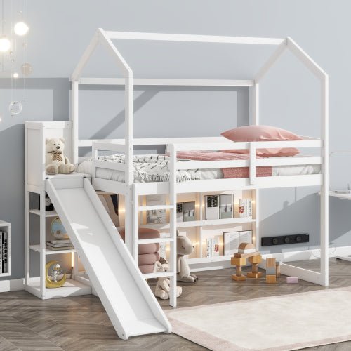 Bellemave Twin Size Wood House Loft bed with Slide, Storage shelves and Light - Bellemave