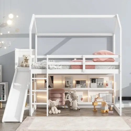 Bellemave Twin Size Wood House Loft bed with Slide, Storage shelves and Light - Bellemave