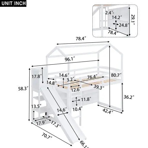 Bellemave Twin Size Wood House Loft bed with Slide, Storage shelves and Light - Bellemave