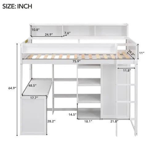 Bellemave® Twin Size Wood Loft Bed with Multiple Storage Shelves and Wardrobe - Bellemave