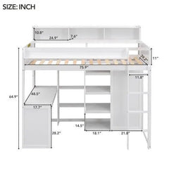 Bellemave® Twin Size Wood Loft Bed with Multiple Storage Shelves and Wardrobe - Bellemave