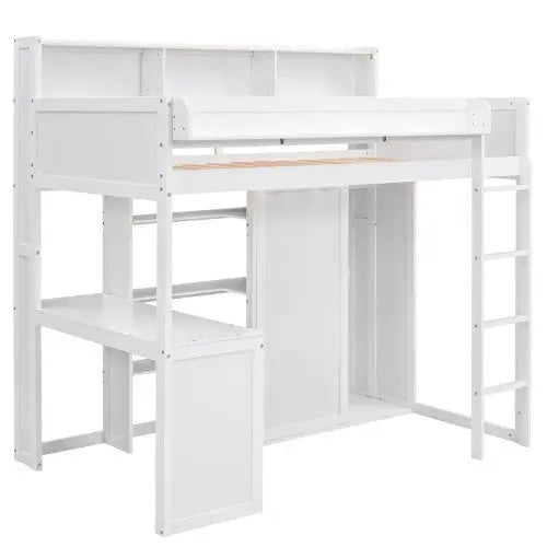 Bellemave® Twin Size Wood Loft Bed with Multiple Storage Shelves and Wardrobe - Bellemave