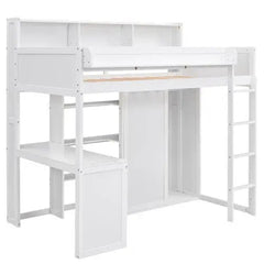 Bellemave® Twin Size Wood Loft Bed with Multiple Storage Shelves and Wardrobe - Bellemave