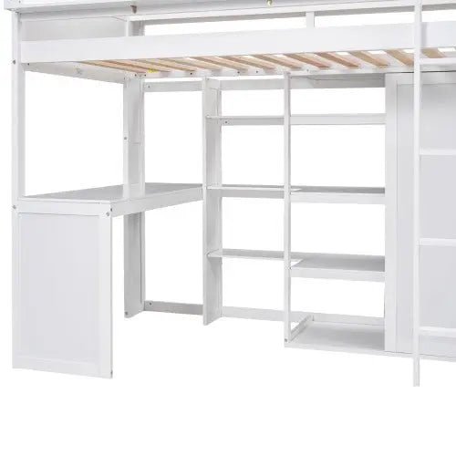 Bellemave® Twin Size Wood Loft Bed with Multiple Storage Shelves and Wardrobe - Bellemave