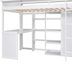 Bellemave® Twin Size Wood Loft Bed with Multiple Storage Shelves and Wardrobe - Bellemave