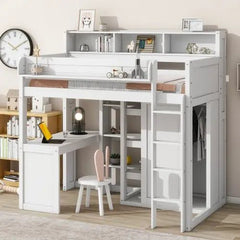 Bellemave® Twin Size Wood Loft Bed with Multiple Storage Shelves and Wardrobe - Bellemave