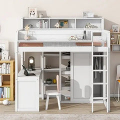 Bellemave® Twin Size Wood Loft Bed with Multiple Storage Shelves and Wardrobe - Bellemave