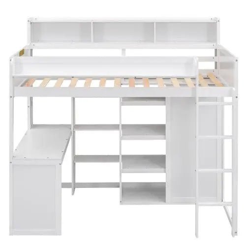 Bellemave® Twin Size Wood Loft Bed with Multiple Storage Shelves and Wardrobe - Bellemave