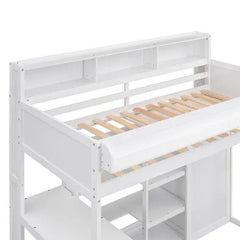 Bellemave® Twin Size Wood Loft Bed with Multiple Storage Shelves and Wardrobe - Bellemave