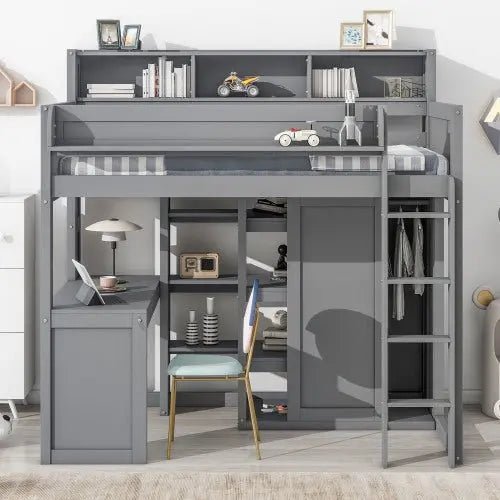 Bellemave® Twin Size Wood Loft Bed with Multiple Storage Shelves and Wardrobe - Bellemave