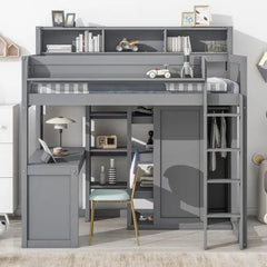 Bellemave® Twin Size Wood Loft Bed with Multiple Storage Shelves and Wardrobe - Bellemave