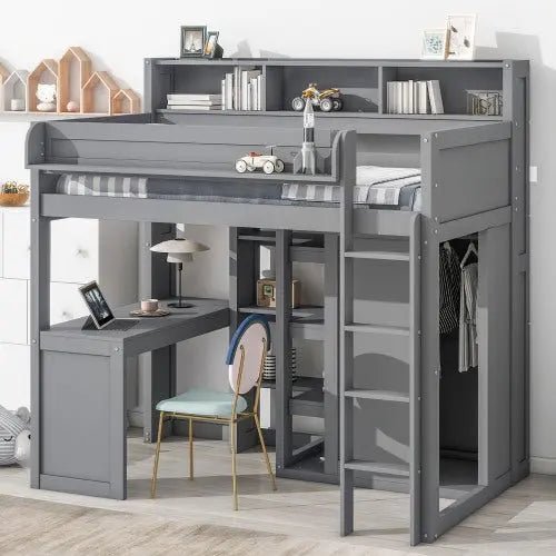 Bellemave® Twin Size Wood Loft Bed with Multiple Storage Shelves and Wardrobe - Bellemave