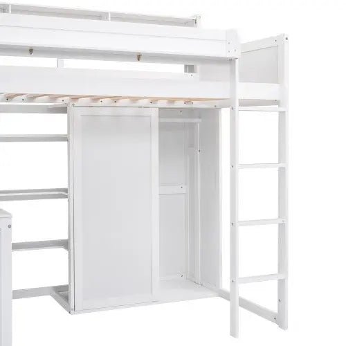 Bellemave® Twin Size Wood Loft Bed with Multiple Storage Shelves and Wardrobe - Bellemave