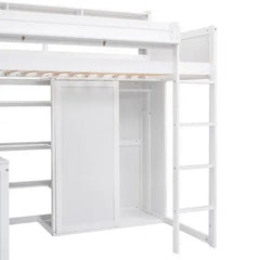 Bellemave® Twin Size Wood Loft Bed with Multiple Storage Shelves and Wardrobe - Bellemave
