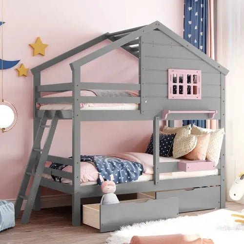 Bellemave® Twin Size Wooden Bunk Bed with Ladder and 2 Drawers - Bellemave