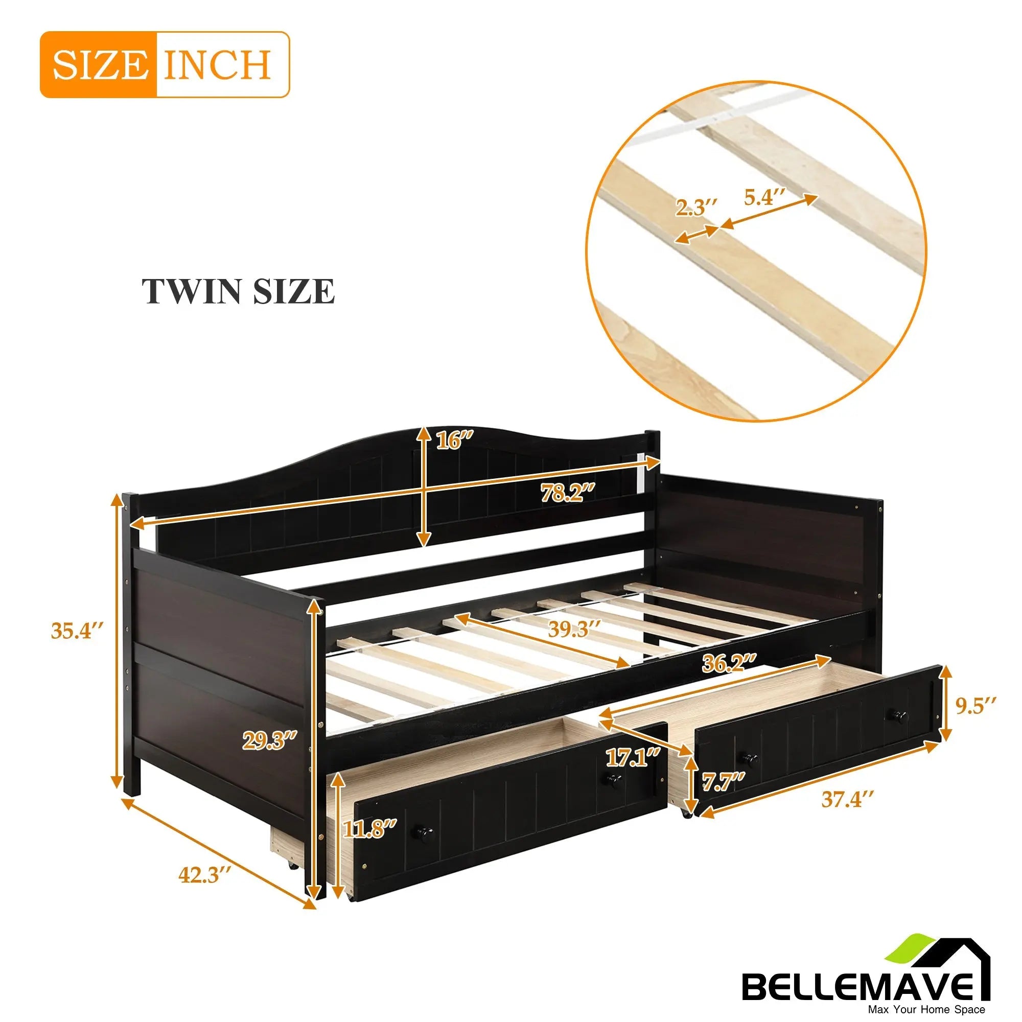 Bellemave Twin Wooden Daybed with 2 drawers - Bellemave