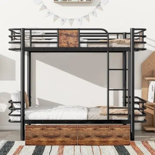 Bellemave® Twin XL Size Metal Bunk Bed with MDF Board Guardrail and 2 Drawers - Bellemave