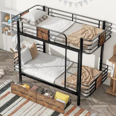 Bellemave® Twin XL Size Metal Bunk Bed with MDF Board Guardrail and 2 Drawers - Bellemave