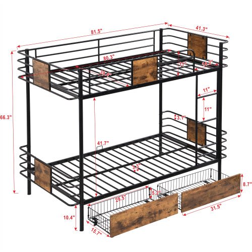 Bellemave Twin XL Size Metal Bunk Bed with MDF Board Guardrail and Two Storage Drawers - Bellemave