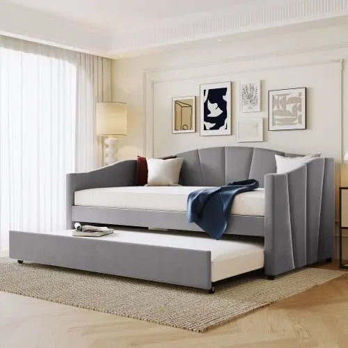 Bellemave Upholstered Daybed Sofa Bed Twin Size With Trundle Bed and Wood Slat - Bellemave