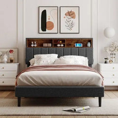 Bellemave® Upholstered Platform Bed with Storage Headboard and USB Port - Bellemave