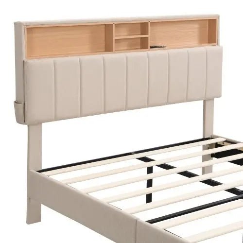 Bellemave® Upholstered Platform Bed with Storage Headboard and USB Port - Bellemave