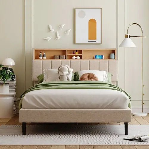 Bellemave® Upholstered Platform Bed with Storage Headboard and USB Port - Bellemave