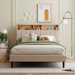 Bellemave® Upholstered Platform Bed with Storage Headboard and USB Port - Bellemave