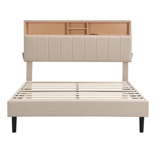 Bellemave Upholstered Platform Bed with Storage Headboard and USB Port, Linen Fabric Upholstered Bed - Bellemave