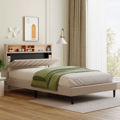 Bellemave Upholstered Platform Bed with Storage Headboard and USB Port, Linen Fabric Upholstered Bed - Bellemave