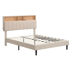 Bellemave Upholstered Platform Bed with Storage Headboard and USB Port, Linen Fabric Upholstered Bed - Bellemave