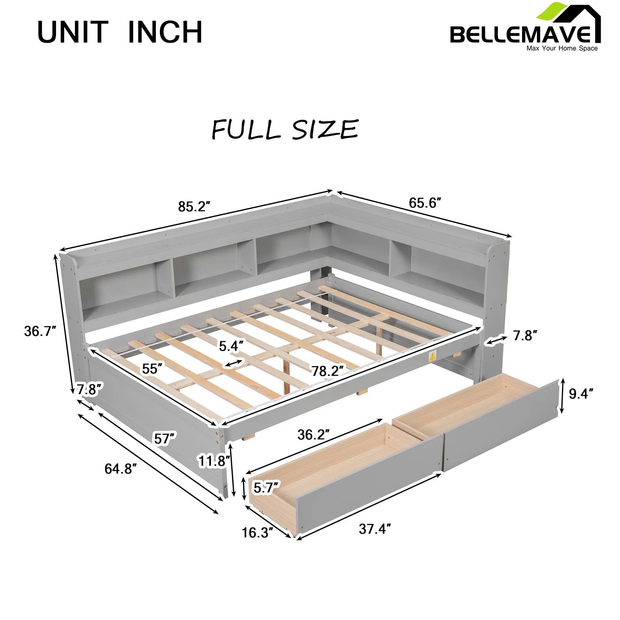 Bellemave® Wood Daybed with L - shaped Bookcases and Drawers - Bellemave