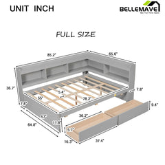 Bellemave® Wood Daybed with L - shaped Bookcases and Drawers - Bellemave