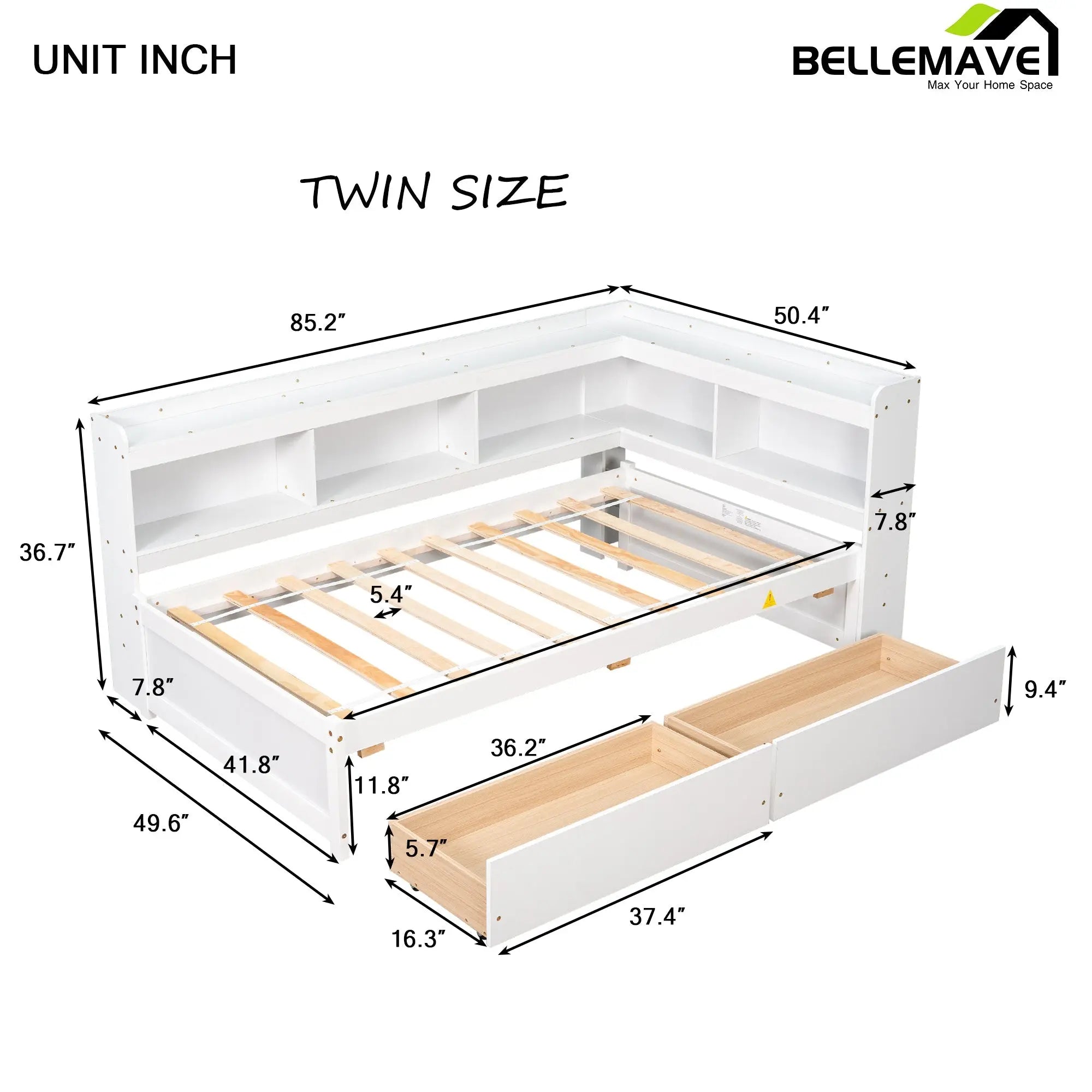 Bellemave® Wood Daybed with L - shaped Bookcases and Drawers - Bellemave