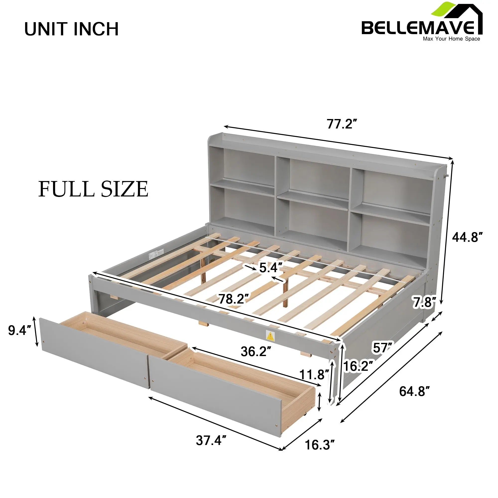 Bellemave® Wood Daybed with Side Bookcase and 2 Drawers - Bellemave