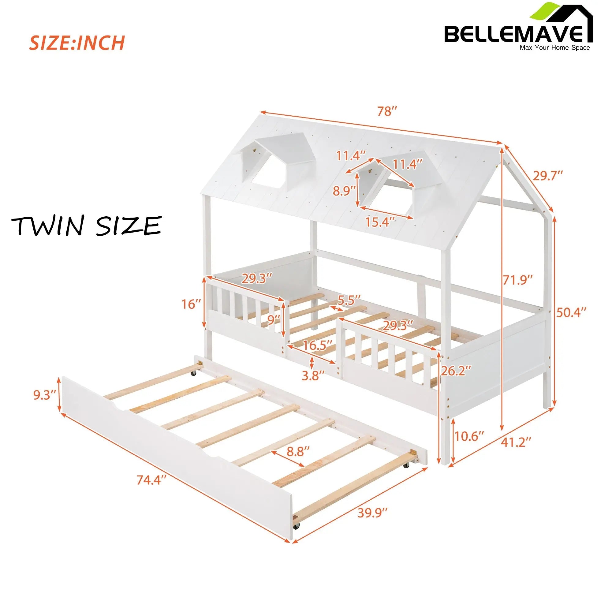 Bellemave Wood House Bed with Twin Size Trundle - Bellemave