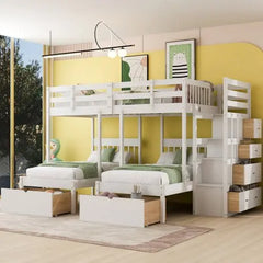 Bellemave Wood Triple Bunk Bed with Drawers and Guardrails - Bellemave