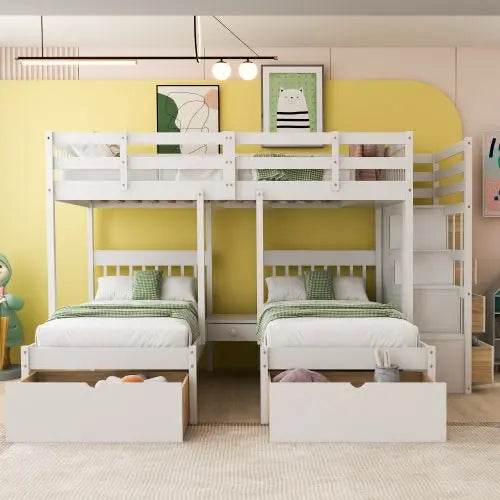 Bellemave Wood Triple Bunk Bed with Drawers and Guardrails - Bellemave