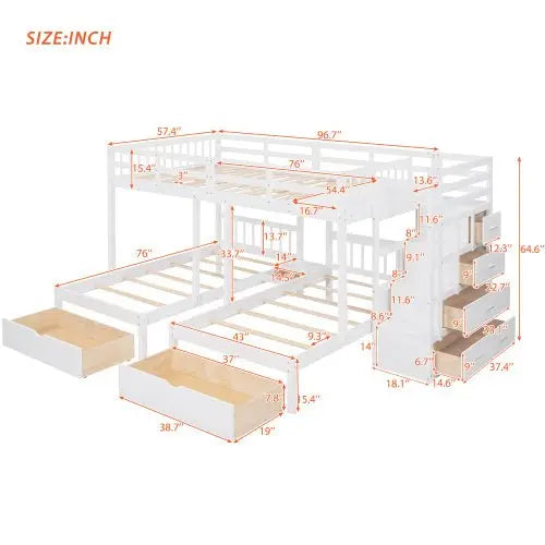 Bellemave Wood Triple Bunk Bed with Drawers and Guardrails - Bellemave