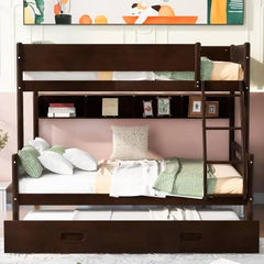 Bellemave Wood Twin over Full Bunk Bed with Storage Shelves and Twin Size Trundle - Bellemave