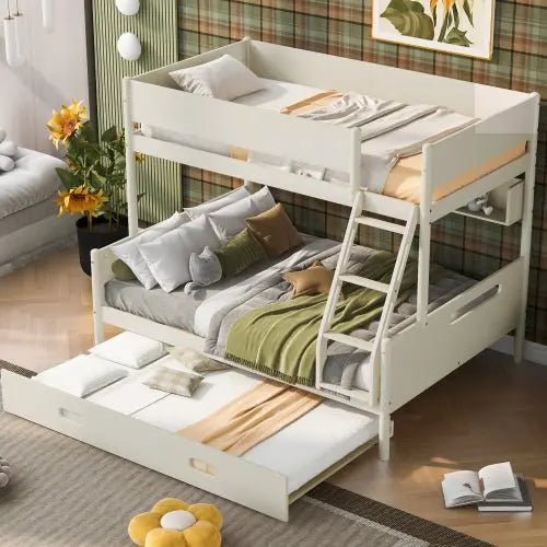 Bellemave Wood Twin over Full Bunk Bed with Storage Shelves and Twin Size Trundle - Bellemave