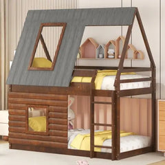 Bellemave Wood Twin Size House Bunk Bed with Roof - Bellemave