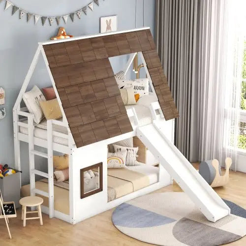 Bellemave Wood Twin Size House Bunk Bed with Roof - Bellemave