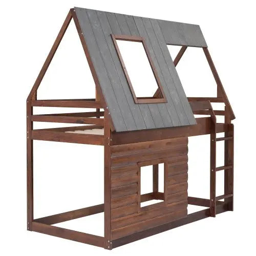 Bellemave Wood Twin Size House Bunk Bed with Roof - Bellemave