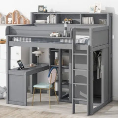 Bellemave Wood Twin Size Loft bed with Multiple Storage Shelves and Wardrobe - Bellemave