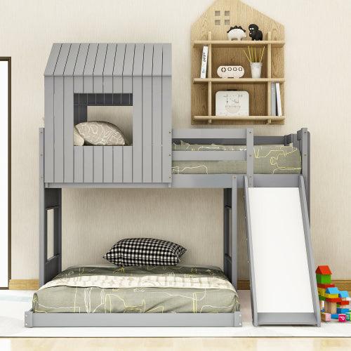 Bellemave Wooden Bunk Bed with Playhouse, Farmhouse, Ladder, Slide and Guardrails - Bellemave